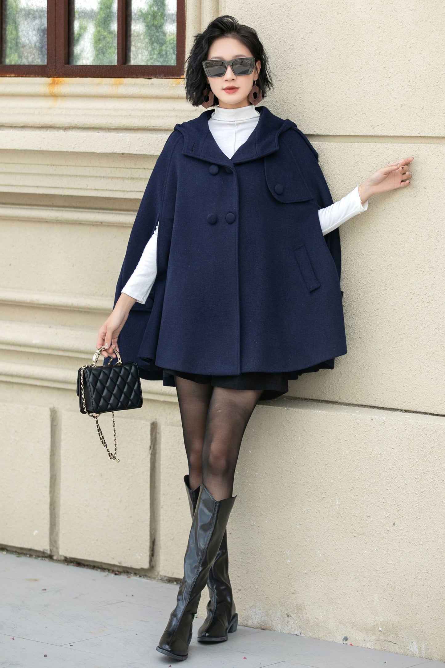 Blue Hooded Wool Cape Coat Women 5353