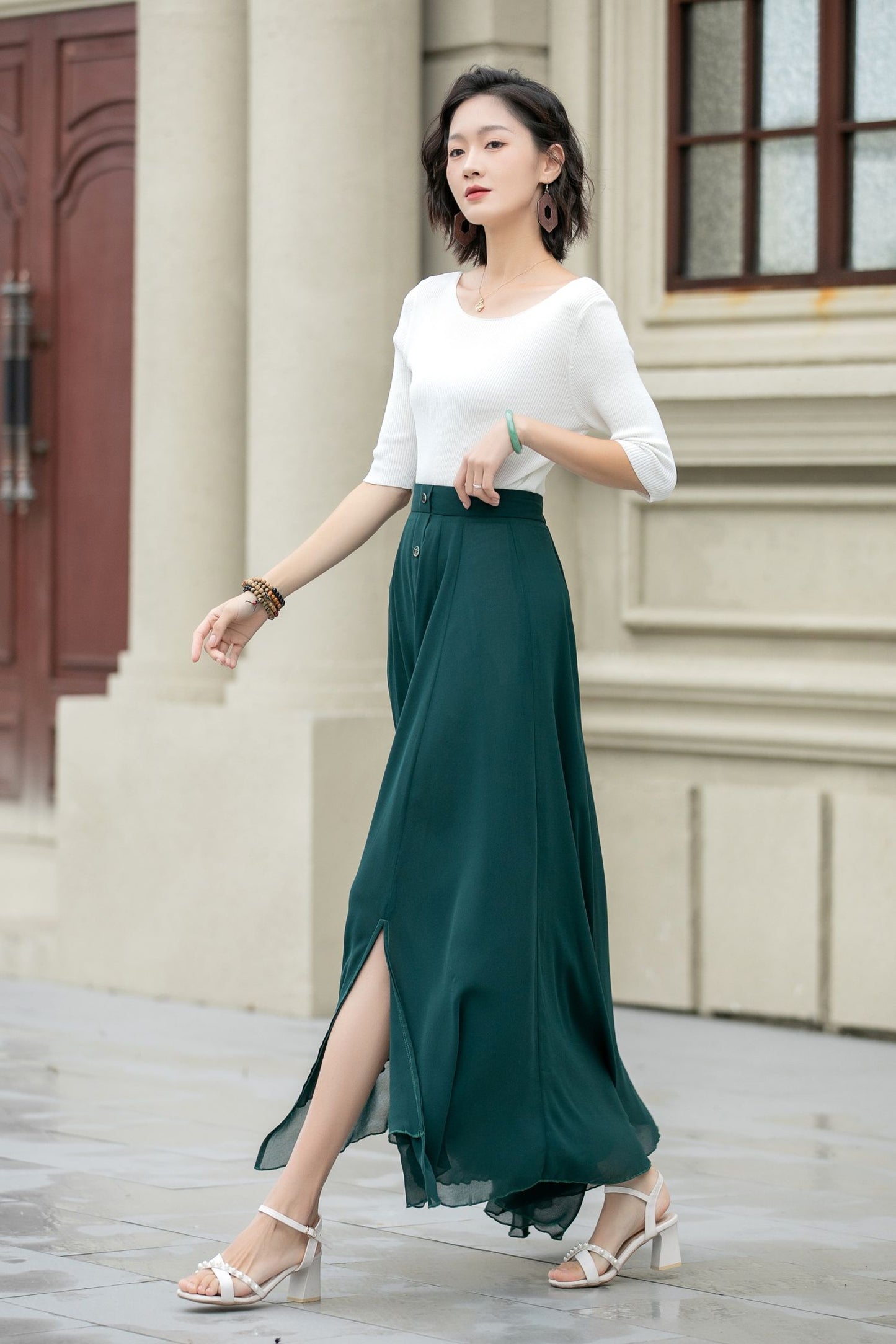 Maxi dark green summer chiffon skirt women 5220