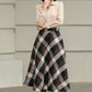 Brown Plaid Wool Midi Skirt – High Waist A-Line Winter Skirt with Pockets 6421
