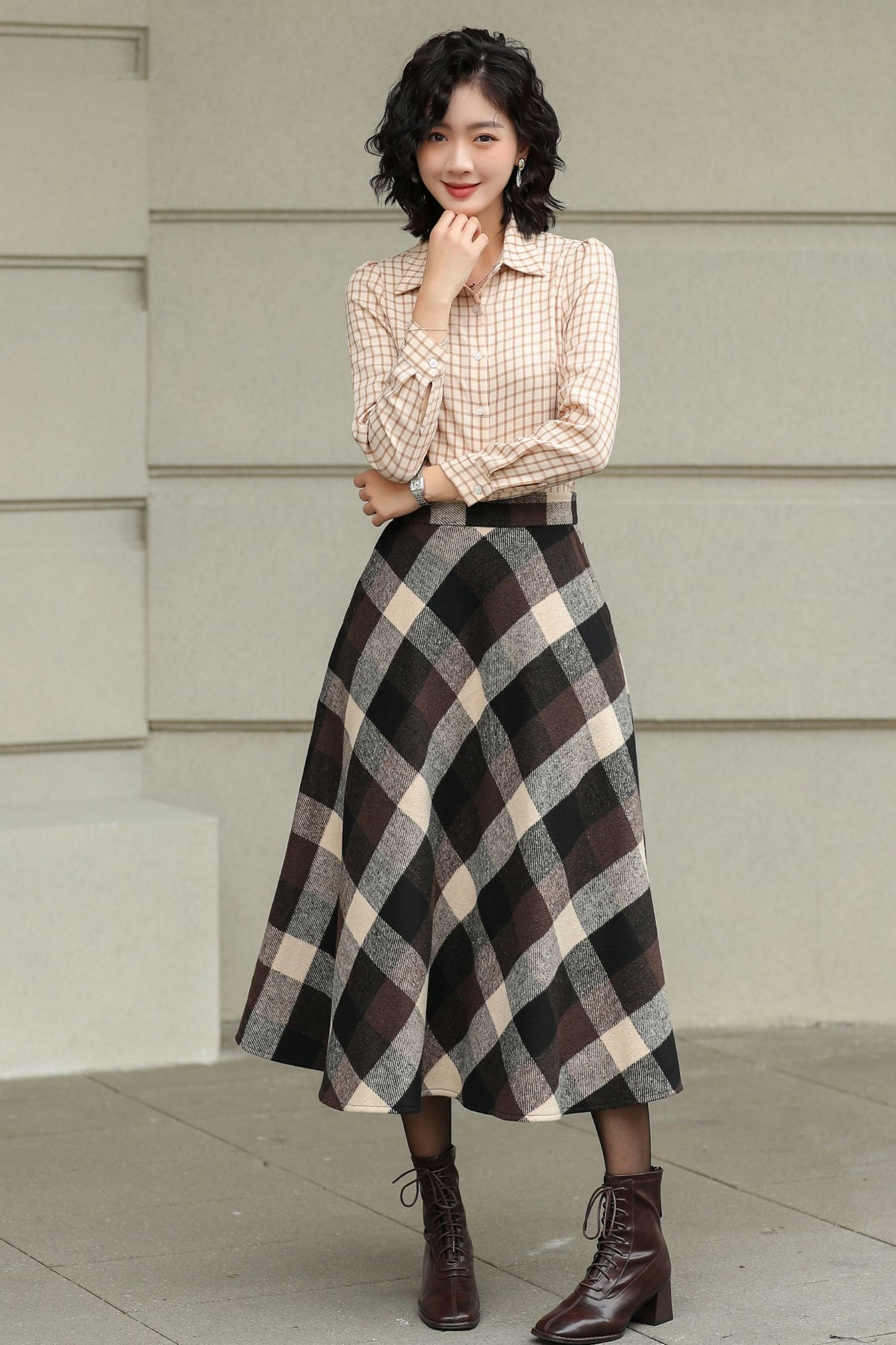 Brown Plaid Wool Midi Skirt – High Waist A-Line Winter Skirt with Pockets 6421