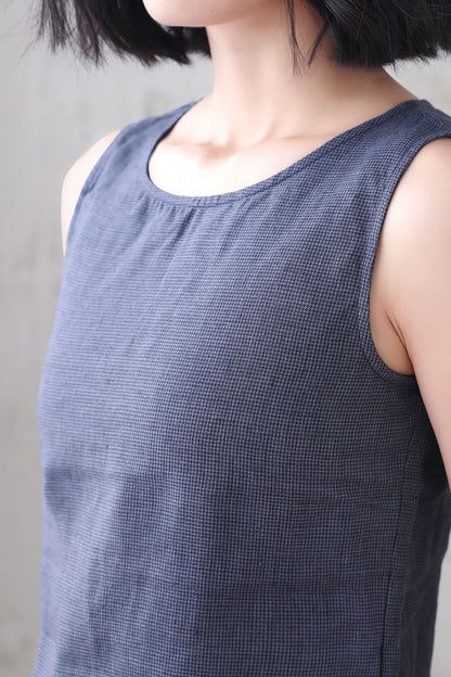 Blue Checked linen Tank Top 3338