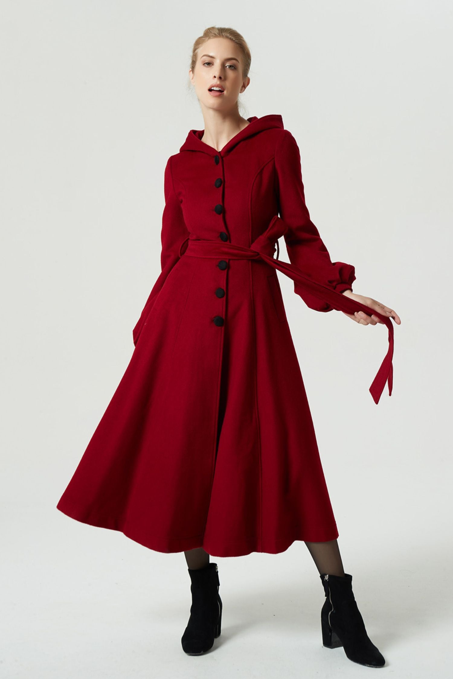 Burgundy Wool Coat Maxi Dress with Hood and Lantern Sleeves Burgundy / S Burgundy Wool Coat Maxi Dress with Hood and Lantern Sleeves Burgundy / S