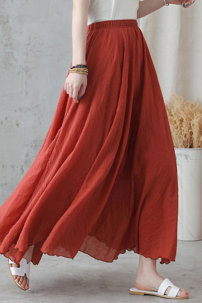 Bohemian Rust Red Linen Maxi Skirt – High-Waist Swing Hem – 2744