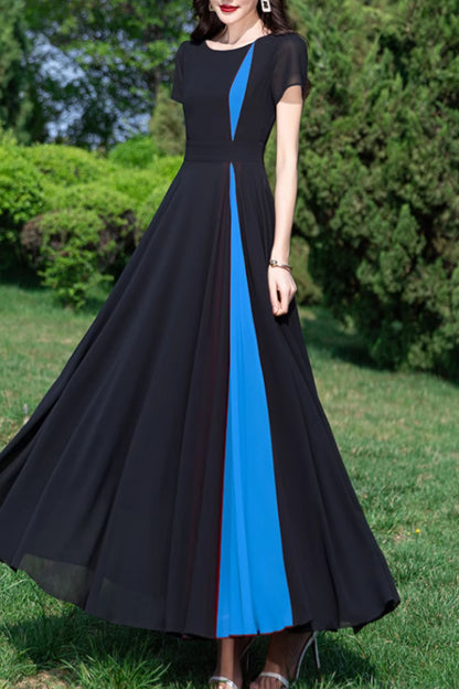 Block color maxi summer prom chiffon dress 5155