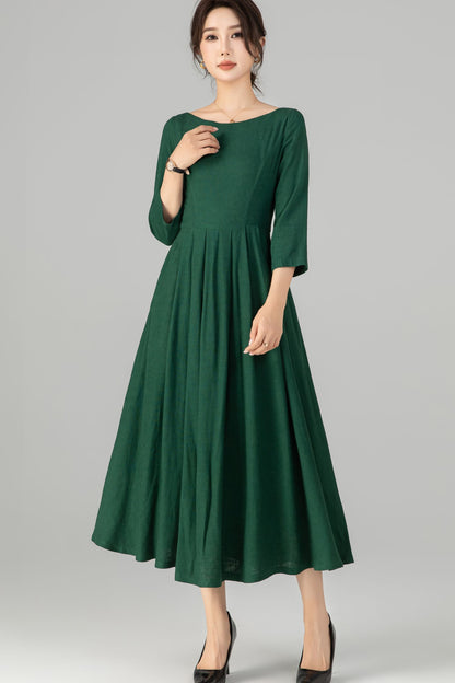Handmade Emerald Green Linen Dress | 1950s Vintage Style Midi with Pleated Waist 5714