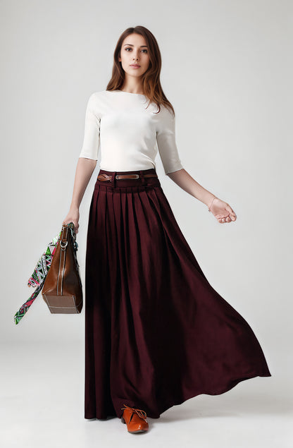 Handmade Burgundy Linen Maxi Skirt – High Waist with Pockets 6749