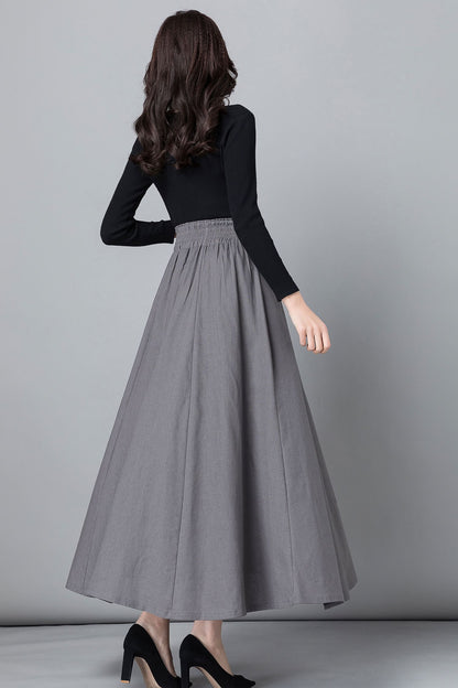 Gray Linen Cotton Maxi Skirt - High Waist Pleated Swing 2358