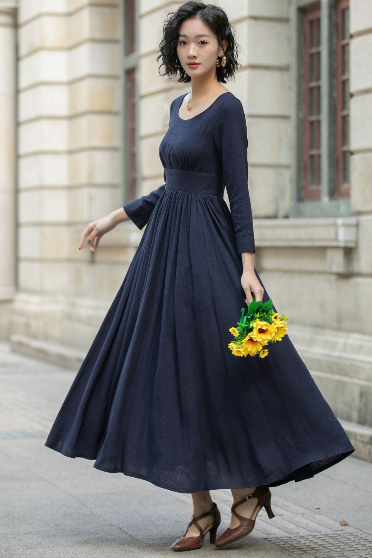 navy blue dress long Navy Blue Linen Cotton Maxi Dress with Pleated Waist and Relaxed Fit – Xiaolizi