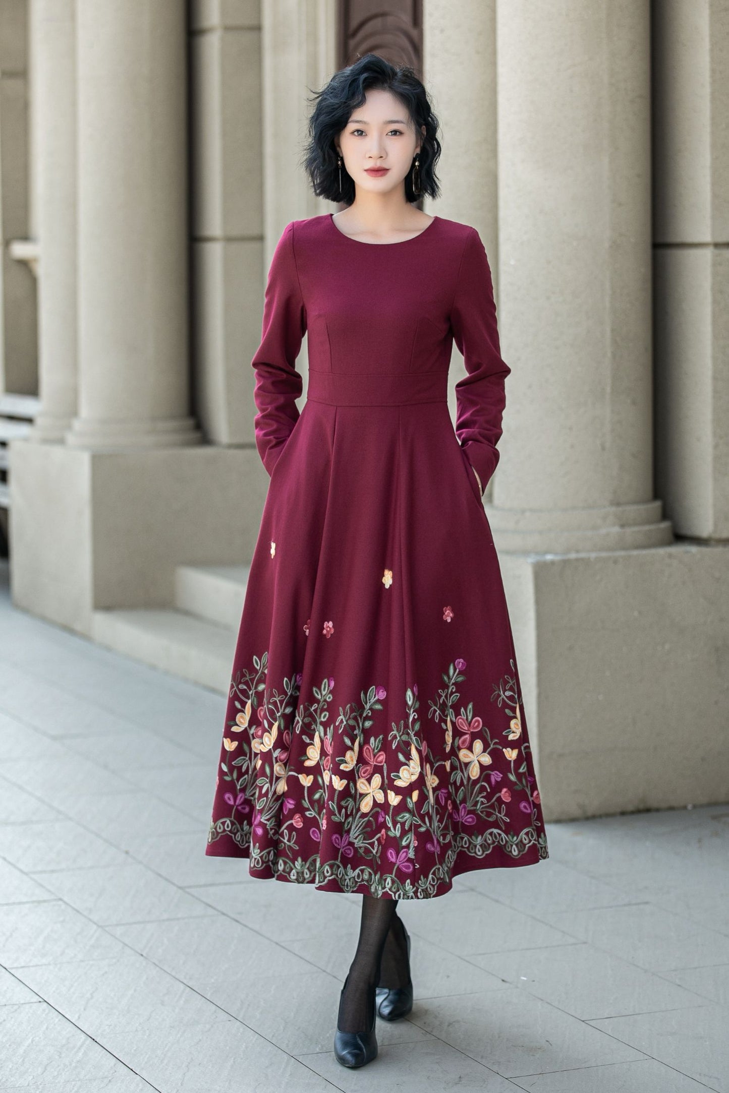 Embroidered burgundy fit and flare wool dress 5307