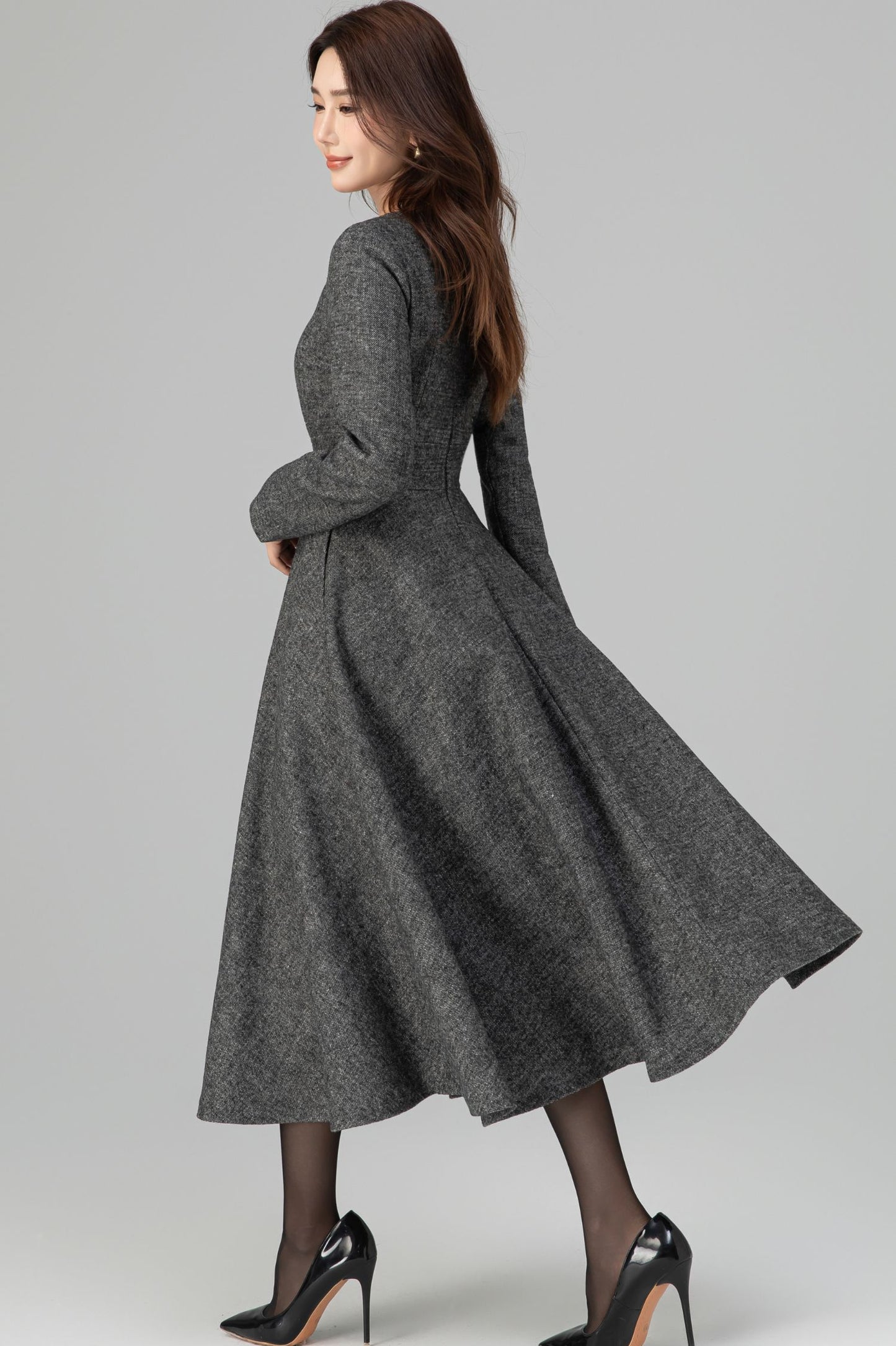 Handmade Dark Gray Wool Midi Dress – Long Sleeve Fit and Flare | Xiaolizi 6390