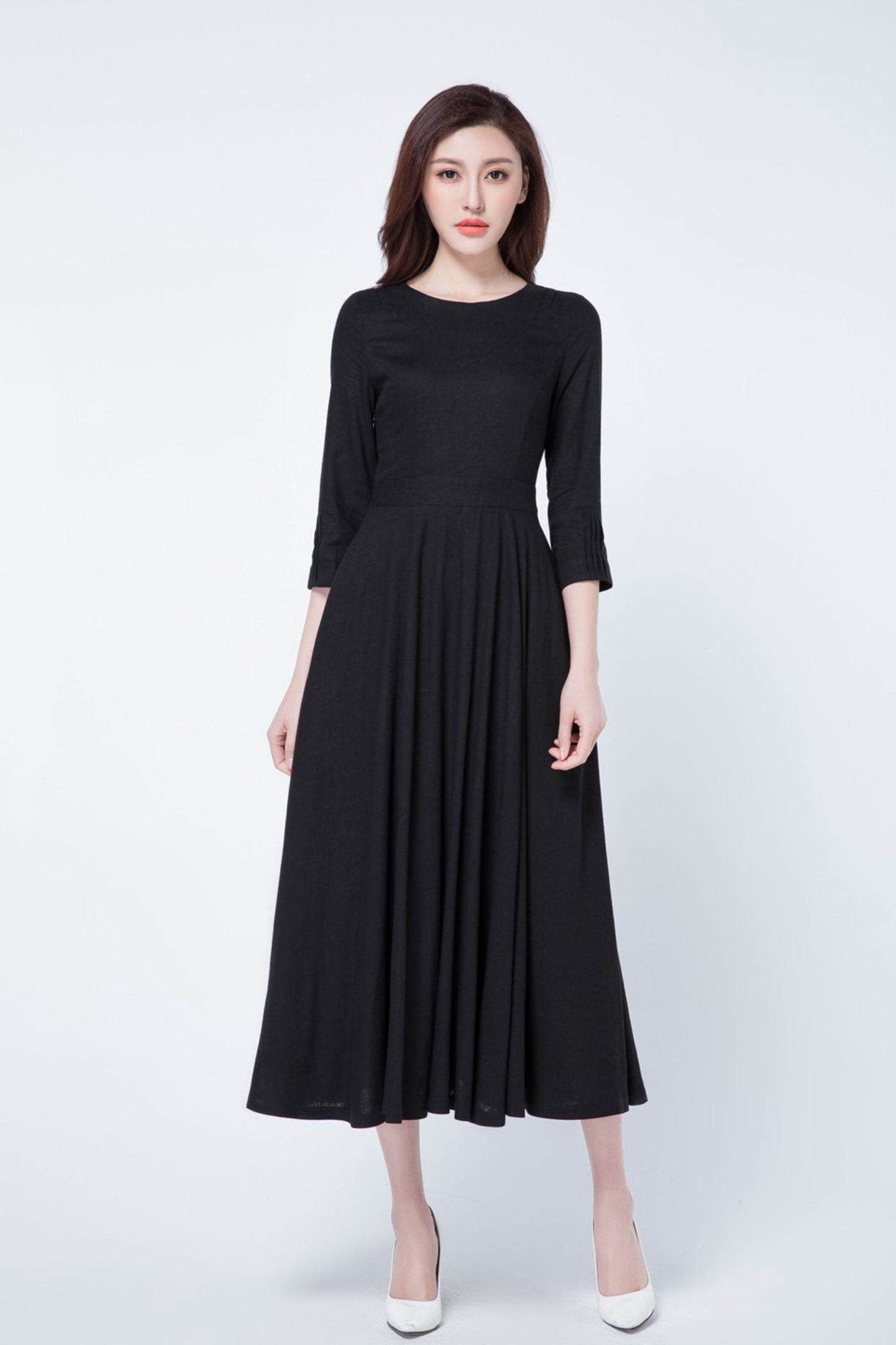 Women's fit and flare Midi black linen dress 1728