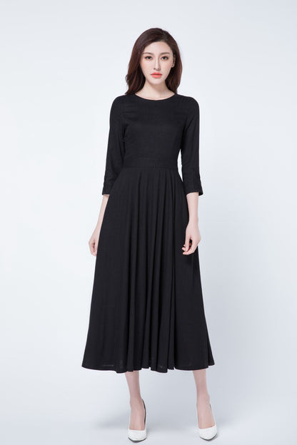 Black Linen Midi Dress - Fit and Flare Silhouette with Pockets 1728