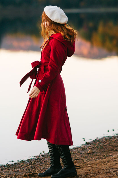 Burgundy Wool Coat Maxi - Hooded, Double Breasted, Self Tie Waist 3218