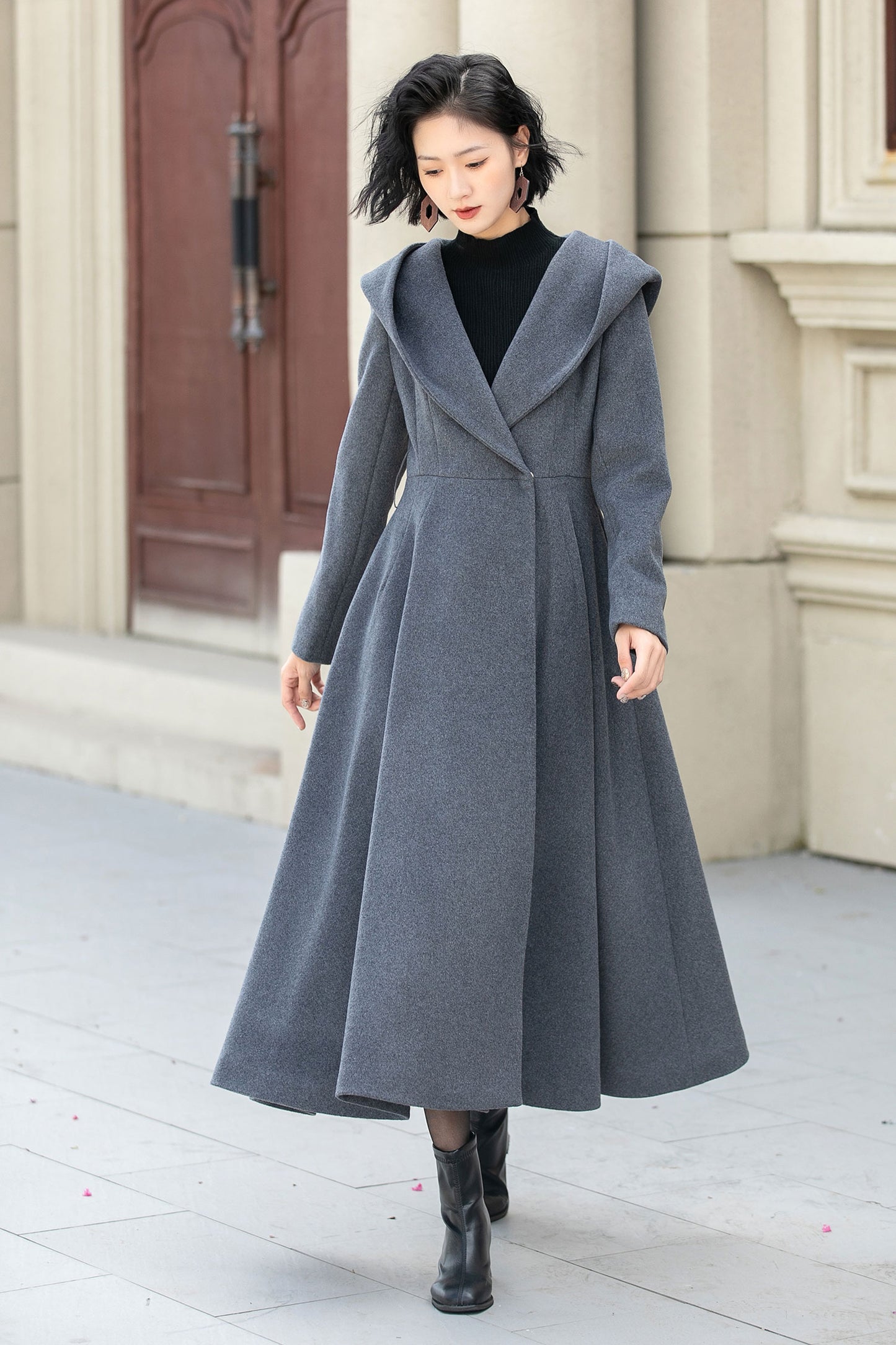 Gray hooded long wool coat women 5344