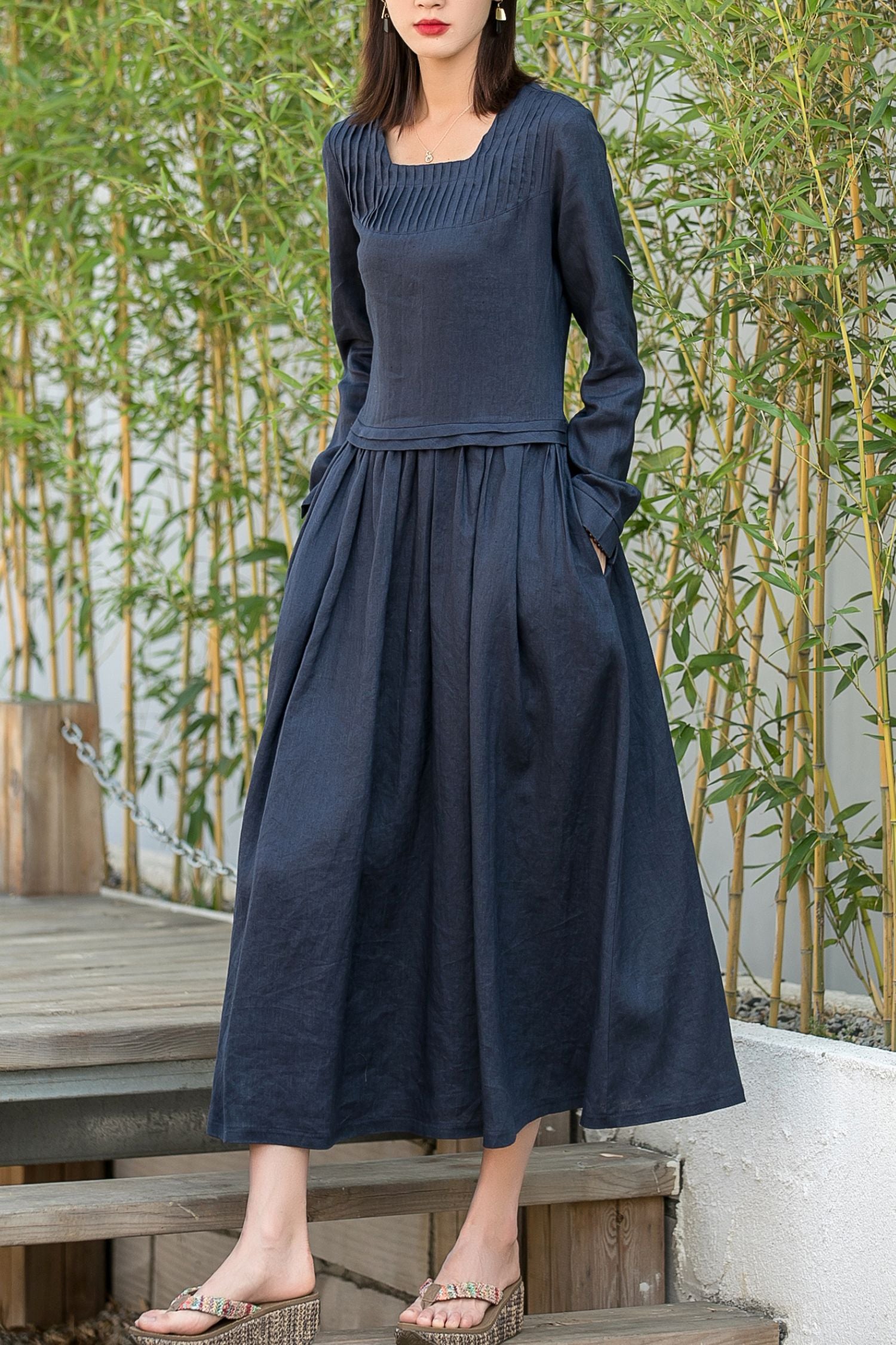 blue linen maxi dress Teal Blue Elegance: Linen Wrap Dress with Shawl Collars, Full Sleeves & Waist Tie Kuttons