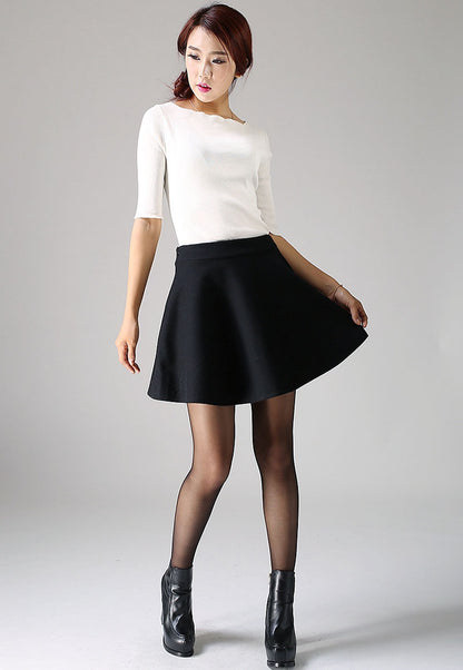 Black Wool Blend Mini Skirt - High Waisted A-Line Pleated 1101
