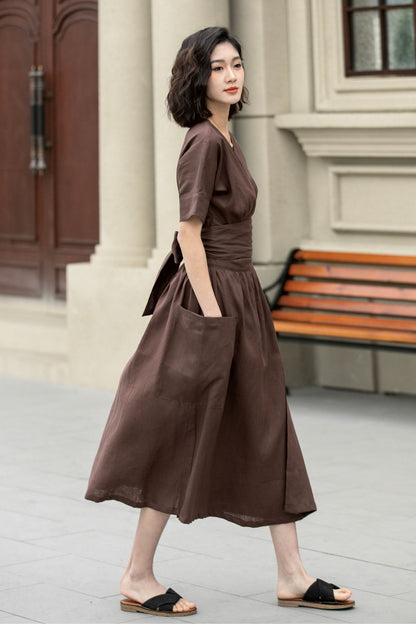 Fit and flare brown midi linen dress 4957