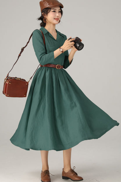 Green Linen Midi Shirt Dress - Fit and Flare Silhouette 5720