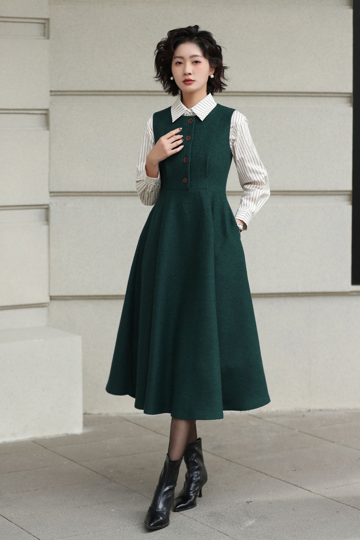 Handmade Vintage Wool Dress – Green Sleeveless A-Line Midi Winter Dress 6615