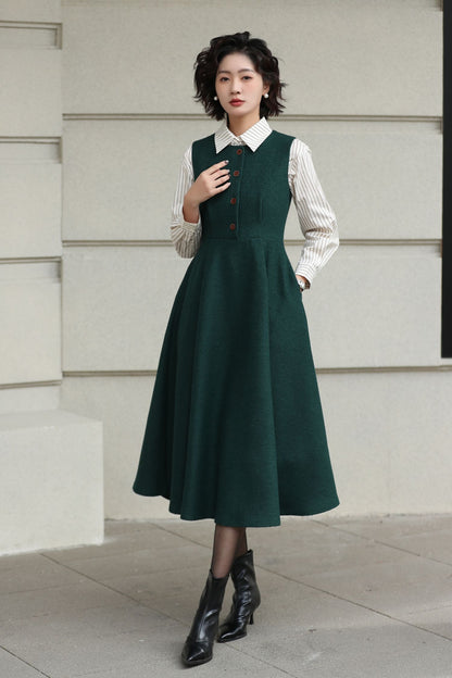 Handmade Vintage Wool Dress – Green Sleeveless A-Line Midi Winter Dress 6615
