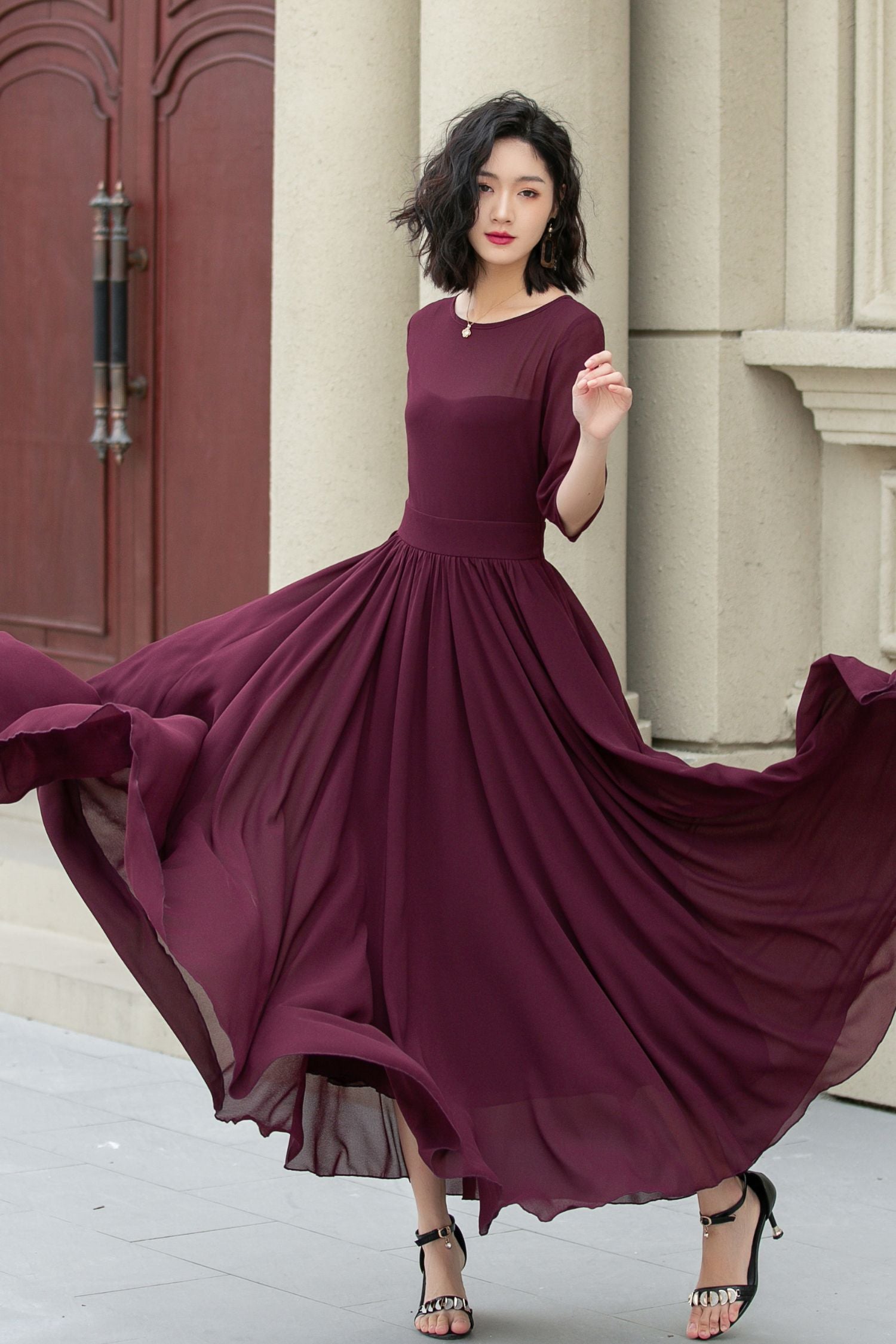 Burgundy Chiffon Fit & Flare Maxi Dress | Boat Neck Prom Xiaolizi Burgundy Chiffon Fit & Flare Maxi Dress | Boat Neck Prom Xiaolizi