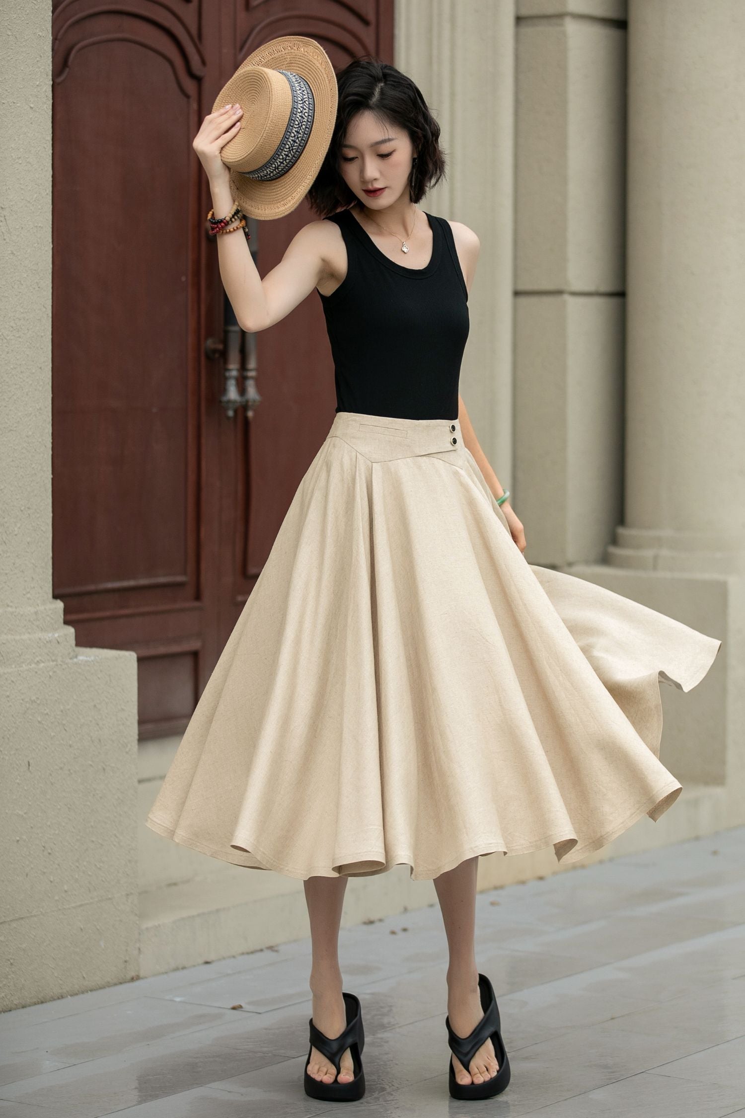 Handmade Linen Swing Skirt – Elegant Pleated Midi Xiaolizi 5238