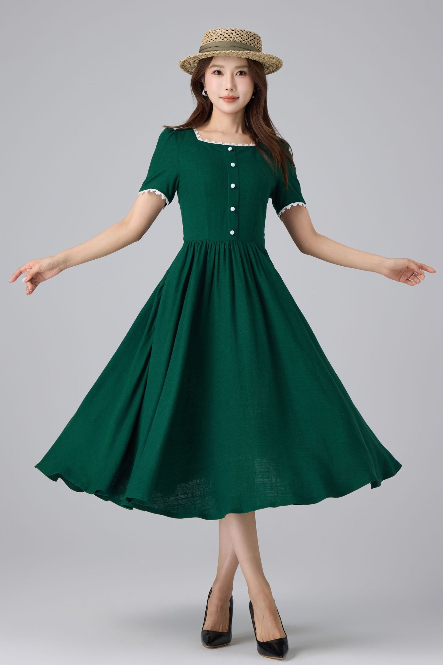 Emerald Linen Midi Dress - Square Neck Puff Sleeve | Xiaolizi 6760