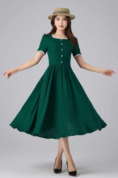 Emerald Linen Midi Dress - Square Neck Puff Sleeve | Xiaolizi 6760