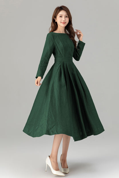 Emerald Green Linen Midi Dress - Fit Flare Pockets | Xiaolizi 5763