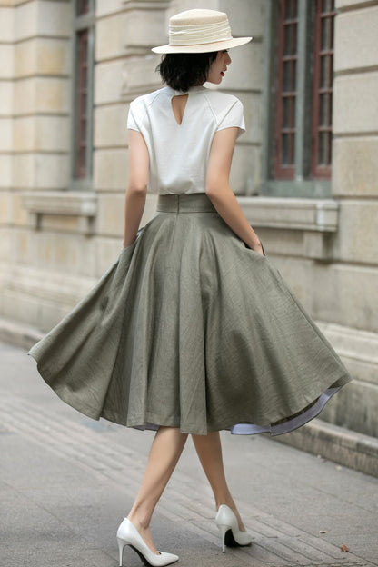 Handmade Linen Circle Skirt – High Waist Pleated Midi Skirt for Spring Summer 5680
