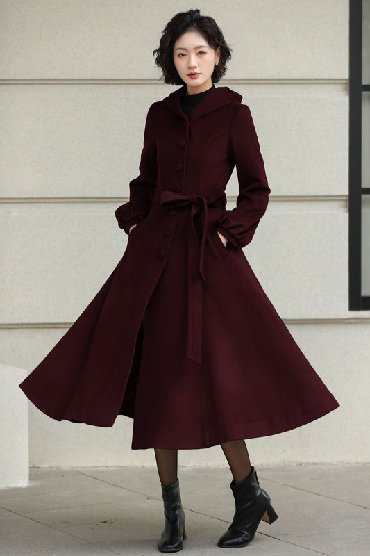 Handmade Wool Blend Coat – Lantern Sleeve Hooded Winter Coat 6532