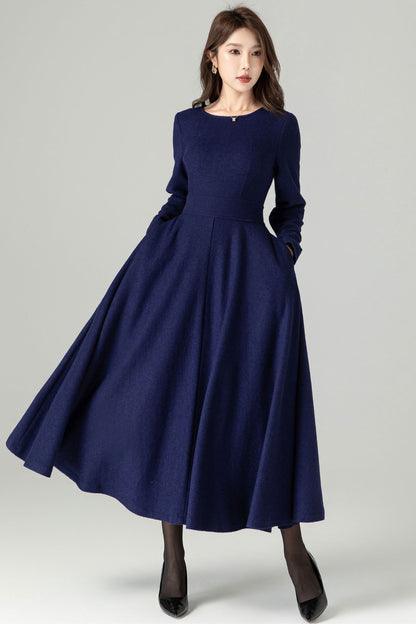 Navy Blue Wool Blend Midi Dress – Handmade Fit & Flare Winter Elegance 4493