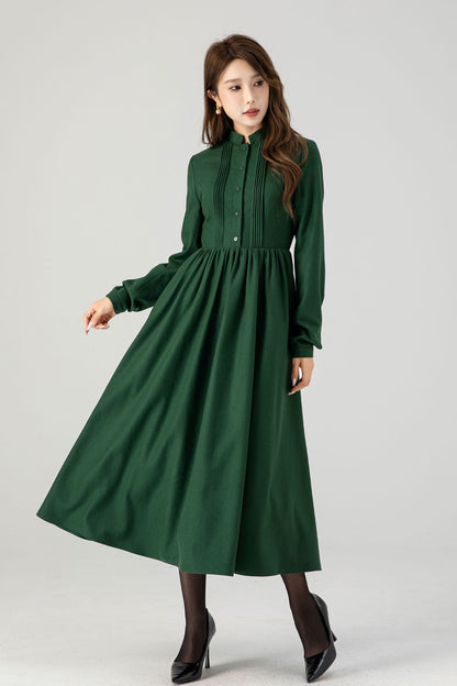 Green long sleeves winter wool dress women 4609