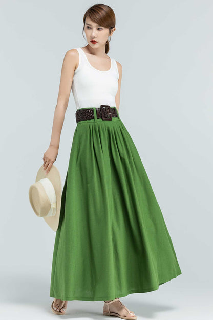 Green Linen Maxi Skirt - Pleated Waist with Pockets 2381
