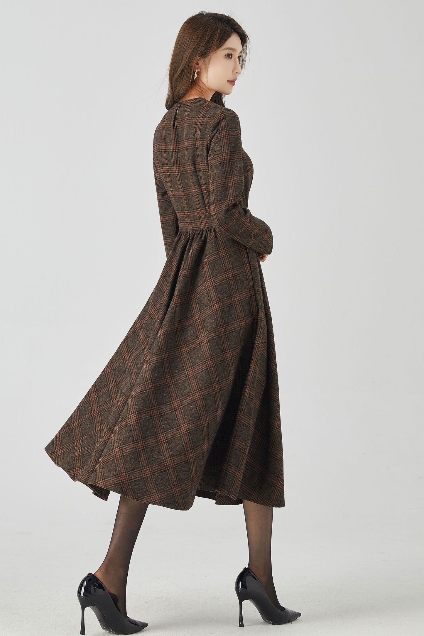 Long Sleeve Plaid Midi Wool Dress 5406