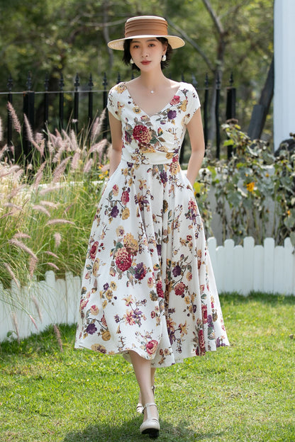Floral Linen Cotton A-Line Midi Dress for Women 6738 - Size XS #CK2600264