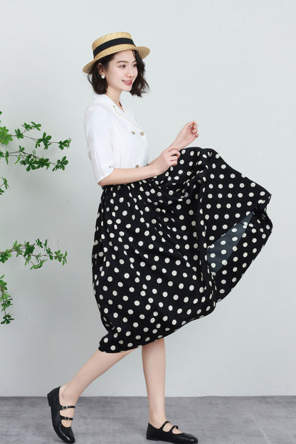 Black & White Polka Dot Polyester Midi Skirt - High-Waisted Pleated A-Line 5739