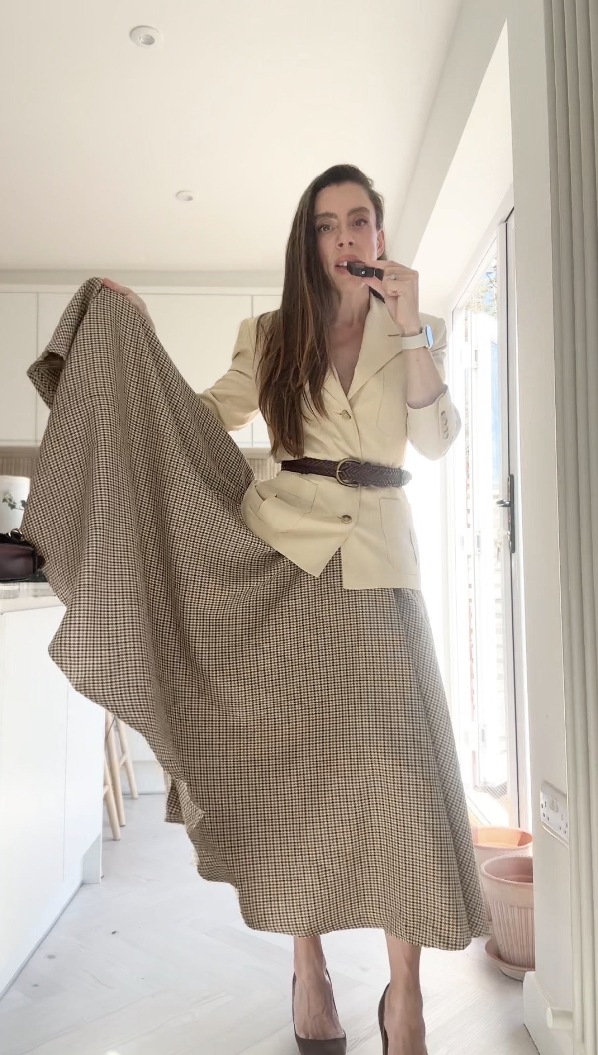 Beige Plaid Cotton A-Line Skirt - Cotton Circle Skirt with Pockets 6947