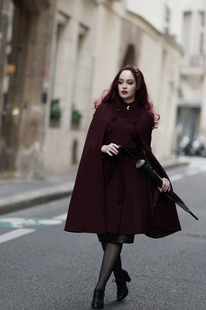 Burgundy Wool Cape Coat – Handmade Vintage Stand Collar Cloak with Belt 4728