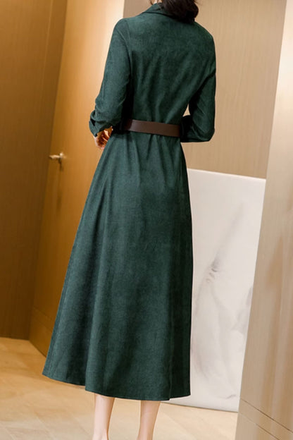 Green Wool Corduroy Dress - Long Sleeve, Tie Belt Waist 4561