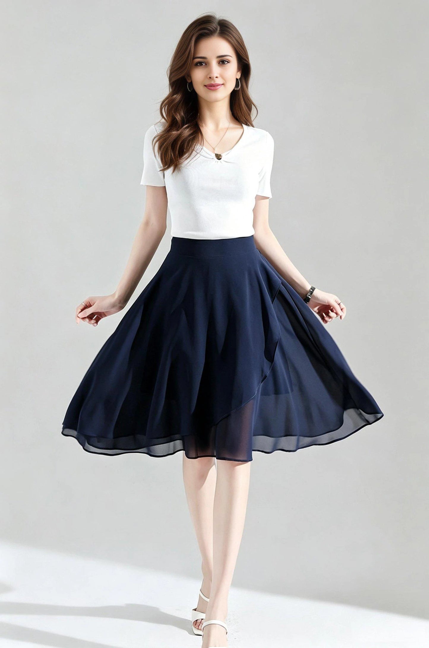 Navy Blue Chiffon Skirt with High Waist and Asymmetric Hem 6868