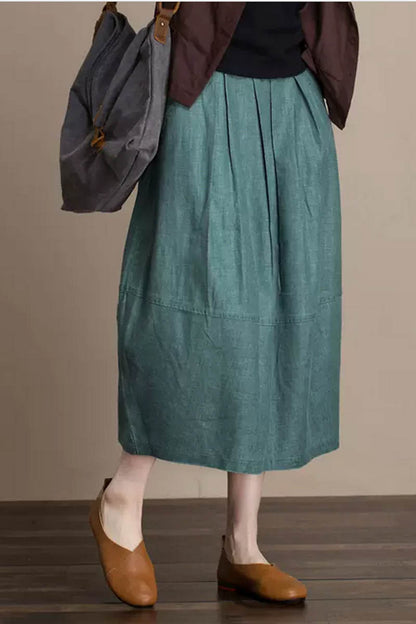 Emerald Green Linen Midi Skirt - Bubble Silhouette with Pockets 4355