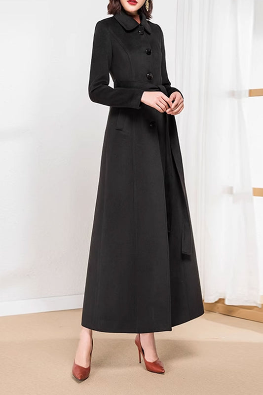 Black long winter wool coat, buttoned long coat 4592