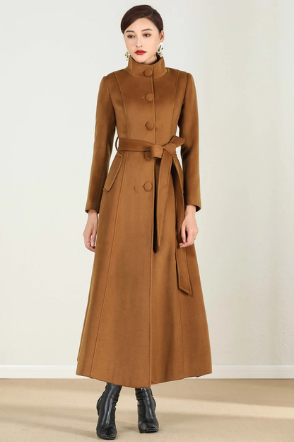Camel Wool Maxi Coat - Single Breasted A-Line with Tie Waist 2498