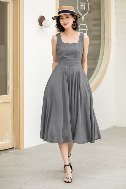 Stylish A-Line Linen Suspender Dress with Square Neckline | Xiaolizi 6071