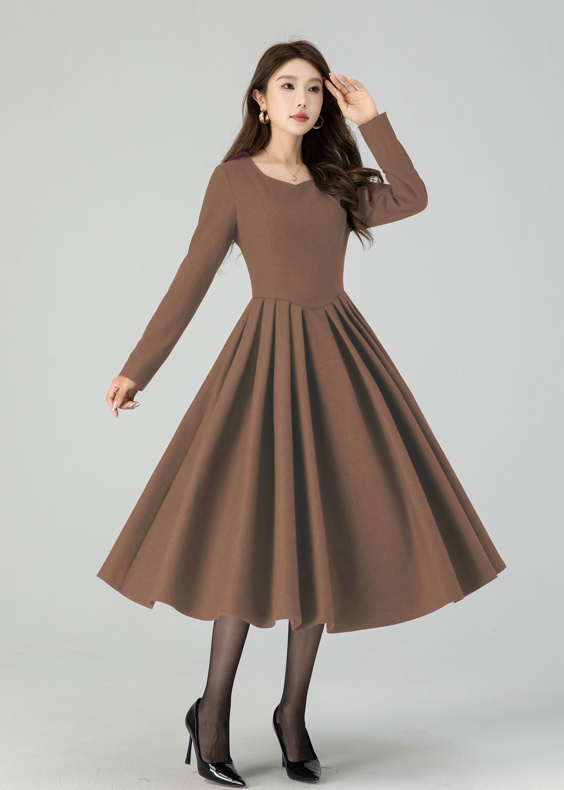 Winter Wool Midi Dress Women's Fit and Flare Long Sleeve Xiaolizi Winter Wool Midi Dress Women's Fit and Flare Long Sleeve Xiaolizi