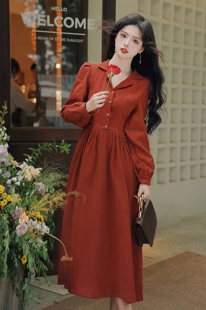 Rust Red Midi Shirt Dress - Long Sleeve Lapel | Xiaolizi 4803