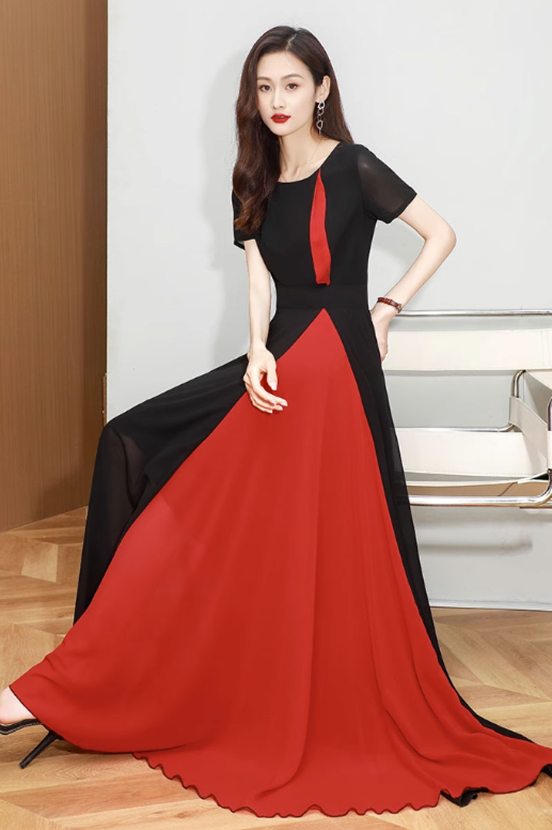 Fit and flare block color chiffon dress 4465