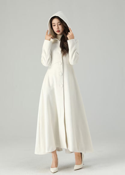 White Wool Hooded Coat – Elegant A-Line Winter Overcoat for Women 4519