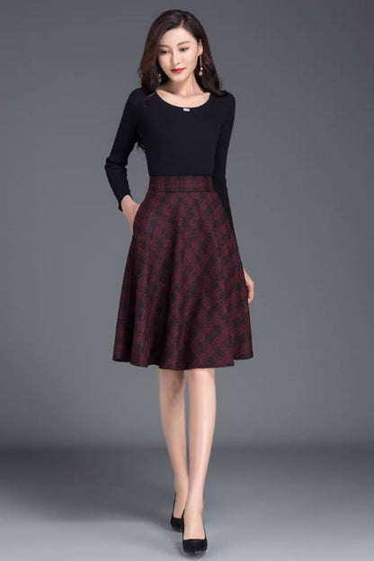 Red Plaid Wool Skater Skirt - A-Line, Back Elastic Waist 4655-5